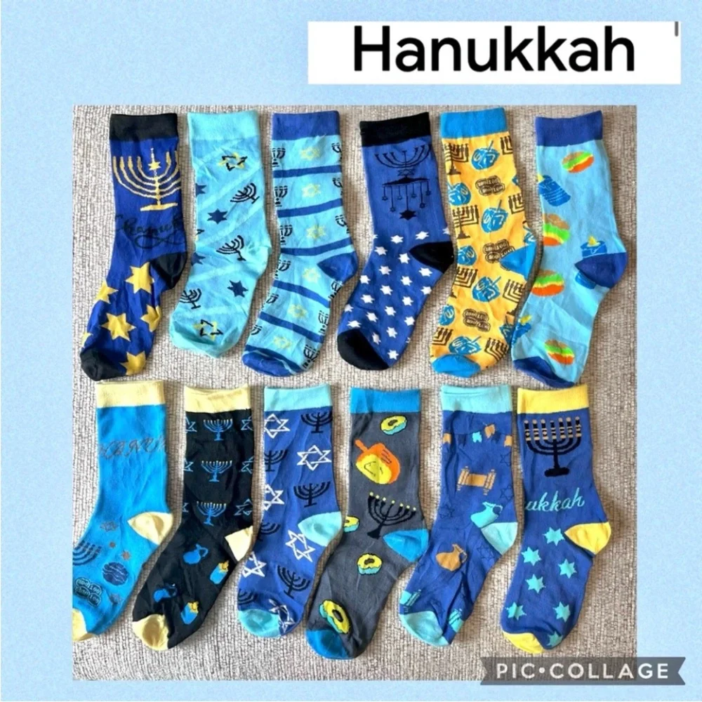 Hanukkah Bundle 12 Pairs Theme Socks 20 Israel Flags Menorah Dreidel David NWOT